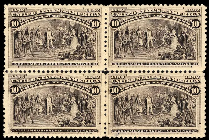 Framed Print : 10c Columbus Presenting Natives block of four, 1893. Creator: Unknown Framed Print : 10c Columbus Presenting Natives block of four, 1893. Creator: Unknown