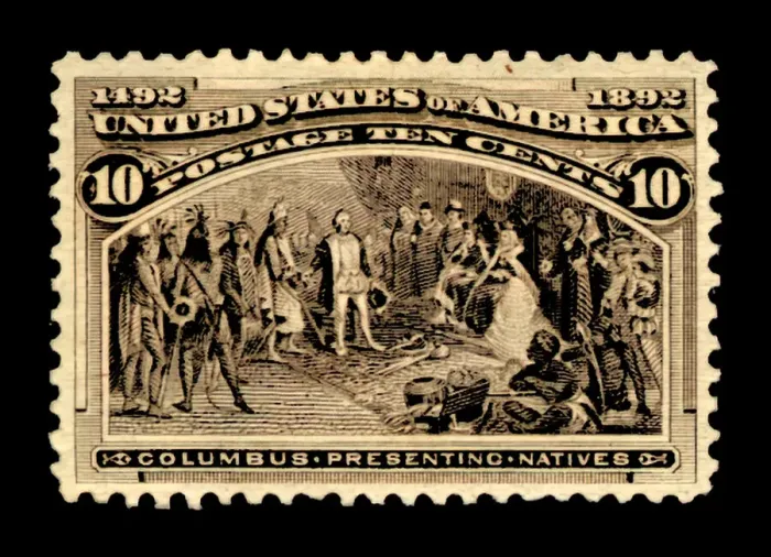 Framed Print : 10c Columbus Presenting Natives single, 1893. Creator: American Bank Note Company Framed Print : 10c Columbus Presenting Natives single, 1893. Creator: American Bank Note Company