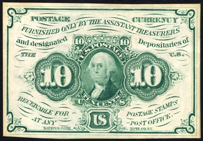 Framed Print : 10c Washington postage currency, 1862. Creator: Continental Bank Note Company Framed Print : 10c Washington postage currency, 1862. Creator: Continental Bank Note Company