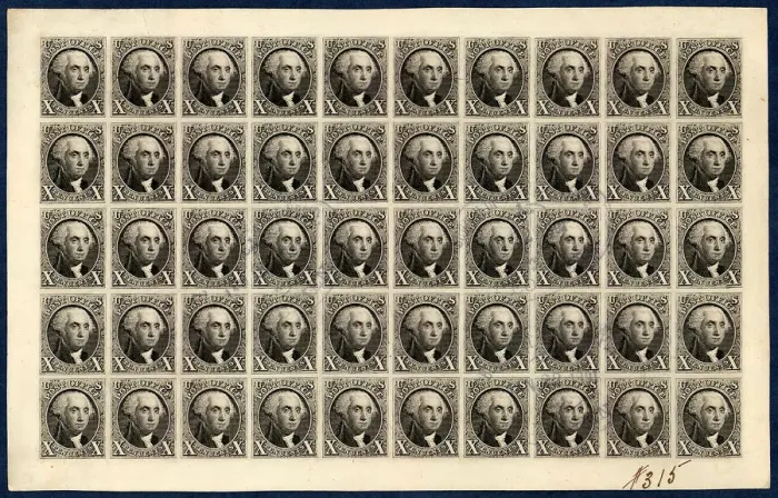 Framed Print : 10c Washington reproduction plate proof on card sheet of fifty, 1891 Framed Print : 10c Washington reproduction plate proof on card sheet of fifty, 1891
