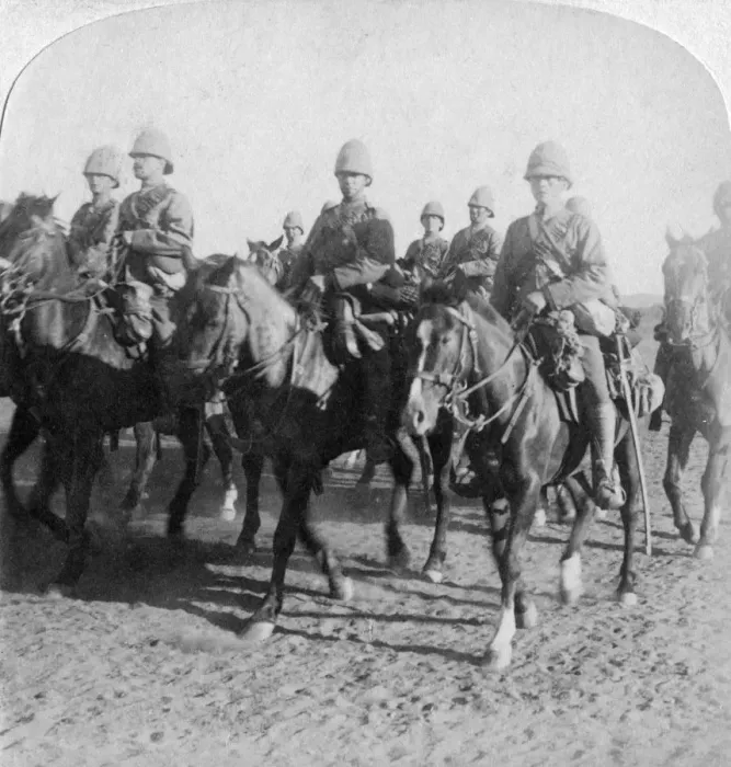 Framed Print : 10th Hussars after repulsing a Boer attack, Colesberg, South Africa, 4th January 1900. Artist: Underwood & Underwood Framed Print : 10th Hussars after repulsing a Boer attack, Colesberg, South Africa, 4th January 1900. Artist: Underwood & Underwood