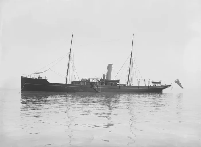 Framed Print : The 116 ton steam yacht Athena at anchor, 1911. Creator: Kirk & Sons of Cowes Framed Print : The 116 ton steam yacht Athena at anchor, 1911. Creator: Kirk & Sons of Cowes