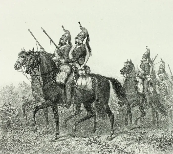 Framed Print : 11th dragoons advance guard, from Souvenirs d'Italie: Expédition de Rome, 1854. Creator: Auguste Raffet Framed Print : 11th dragoons advance guard, from Souvenirs d'Italie: Expédition de Rome, 1854. Creator: Auguste Raffet