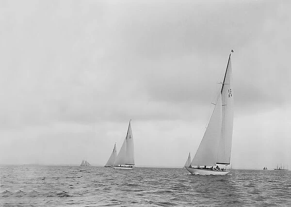 The 12 Metre sailing yacht Westra racing on upwind leg, 1936. Creator: Kirk & Sons of Cowes