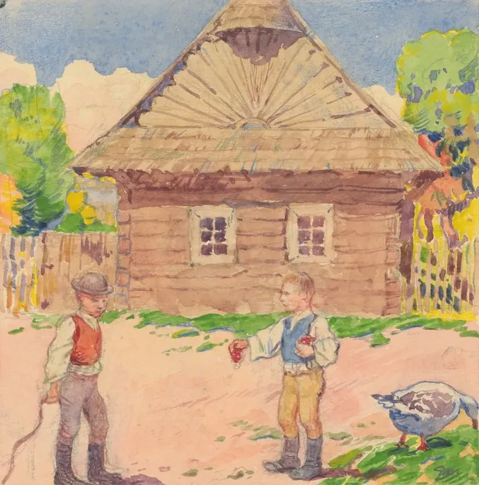 Framed Print : 13.- Two Boys in Front of the Wooden House, 1932. Creator: Gustav Mally Framed Print : 13.- Two Boys in Front of the Wooden House, 1932. Creator: Gustav Mally