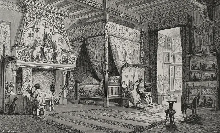 Framed Print : 14th century French manor bedroom, 1877. Creator: Jules Jean Marie Joseph Huyot Framed Print : 14th century French manor bedroom, 1877. Creator: Jules Jean Marie Joseph Huyot