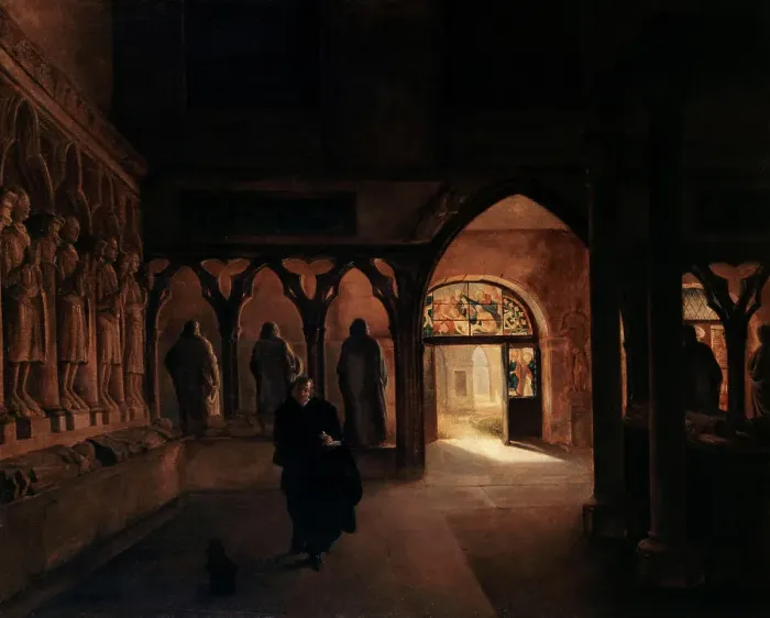 Framed Print : The 14th century sculptures room at the Museum of French Monuments, 1817. Creator: Charles-Marie Bouton Framed Print : The 14th century sculptures room at the Museum of French Monuments, 1817. Creator: Charles-Marie Bouton
