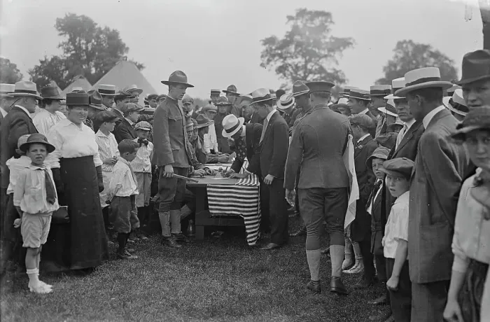 Framed Print : 14th Infantry Camp, signing recruit in, 1917 or 1918. Creator: Bain News Service Framed Print : 14th Infantry Camp, signing recruit in, 1917 or 1918. Creator: Bain News Service