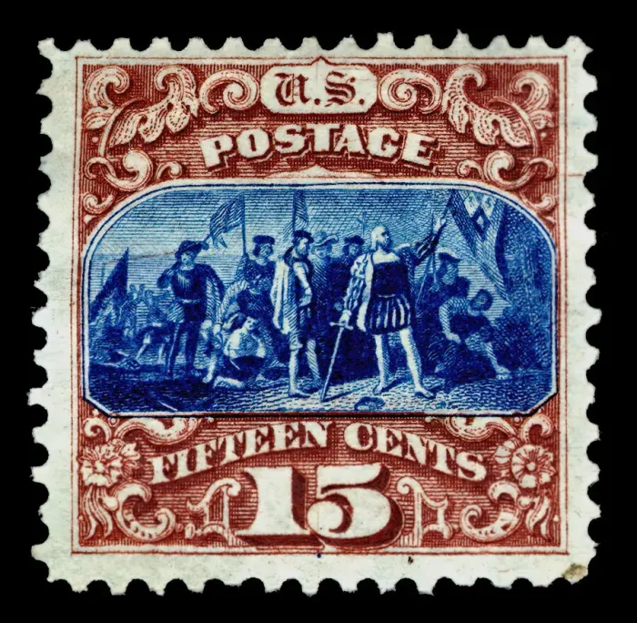 Framed Print : 15c Landing of Columbus re-issue single, 1875. Creator: National Bank Note Company Framed Print : 15c Landing of Columbus re-issue single, 1875. Creator: National Bank Note Company