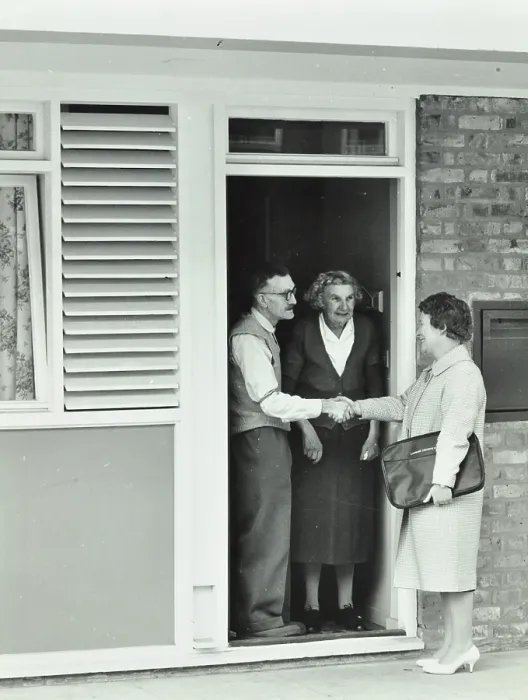 Framed Print : 16 Candy Street, Poplar, London: elderly couple greet Welfare Officer, 1962. Creator: Unknown Framed Print : 16 Candy Street, Poplar, London: elderly couple greet Welfare Officer, 1962. Creator: Unknown