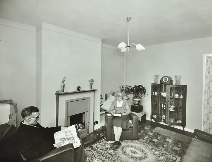 Framed Print : 16 Candy Street, Poplar, London: elderly couple in a new flat, 1962. Creator: Unknown Framed Print : 16 Candy Street, Poplar, London: elderly couple in a new flat, 1962. Creator: Unknown