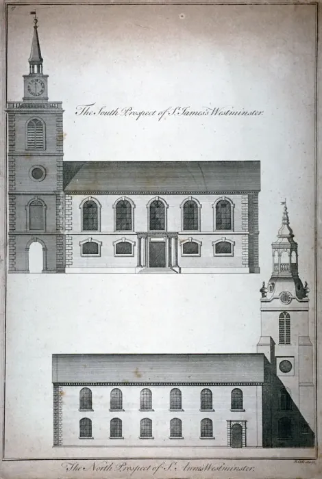 Framed Print : Two 17th century London churches, c1750. Artist Framed Print : Two 17th century London churches, c1750. Artist
