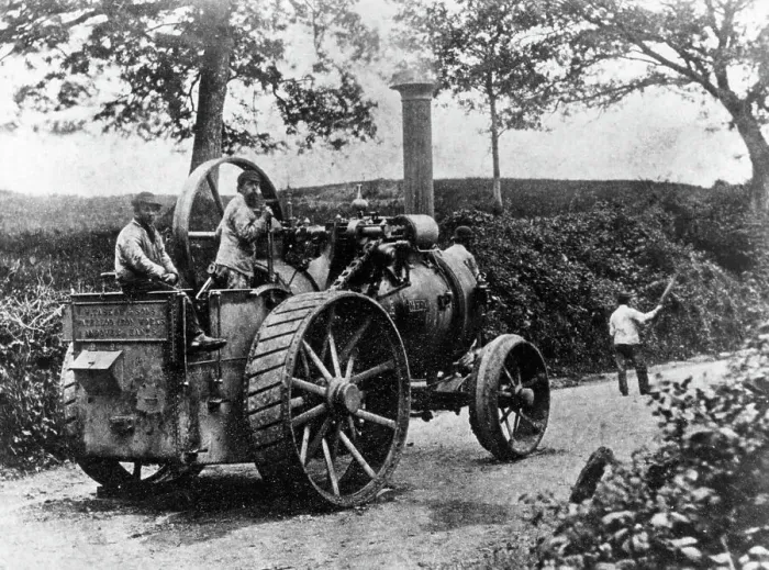 Framed Print : 1869 Tasker traction engine with red flag man at the front Framed Print : 1869 Tasker traction engine with red flag man at the front