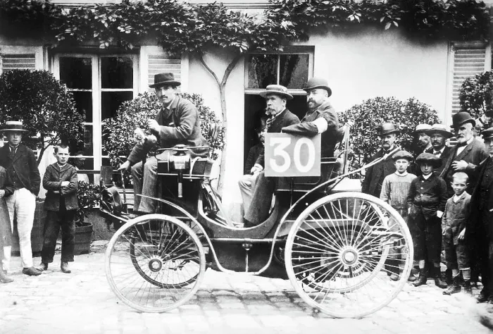 Framed Print : 1894 Paris to Rouen race.Marchand in Peugeot Framed Print : 1894 Paris to Rouen race.Marchand in Peugeot