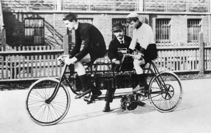 Framed Print : 1897 Electric racing tandem bicycle. Creator: Unknown Framed Print : 1897 Electric racing tandem bicycle. Creator: Unknown