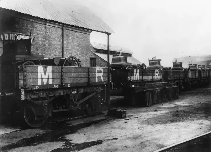 Framed Print : 1899 Daimlers being transported by rail from factory. Creator: Unknown Framed Print : 1899 Daimlers being transported by rail from factory. Creator: Unknown