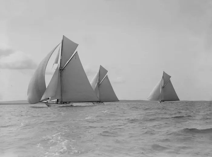 Framed Print : The 19-metre Maraquita, Corona & Octavia racing downwind, 1912. Creator Framed Print : The 19-metre Maraquita, Corona & Octavia racing downwind, 1912. Creator