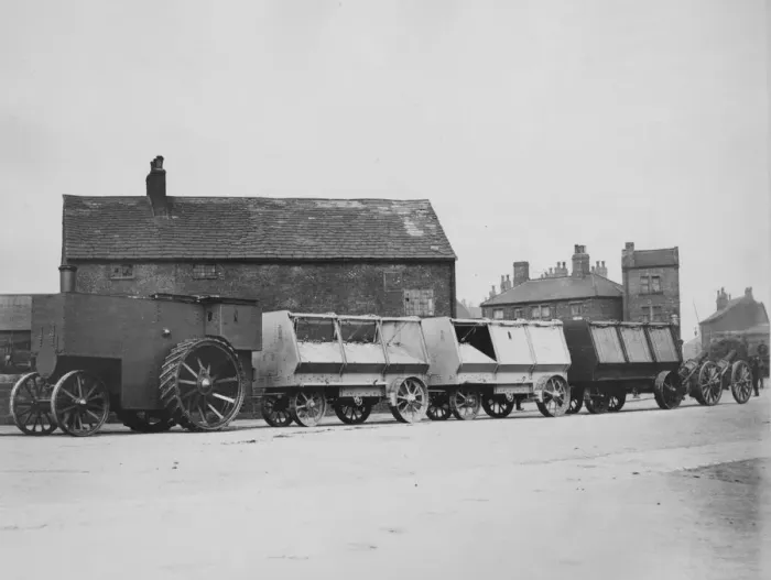 Framed Print : 1900 Fowler armoured traction engine with munitions wagons. Creator: Unknown Framed Print : 1900 Fowler armoured traction engine with munitions wagons. Creator: Unknown
