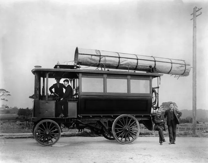 Framed Print : 1901 Thornycroft steam bus, used by Marconi. Creator: Unknown Framed Print : 1901 Thornycroft steam bus, used by Marconi. Creator: Unknown