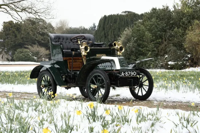 Framed Print : 1904 De Dion Bouton model Q in snow with daffodils at Beaulieu. Creator: Unknown Framed Print : 1904 De Dion Bouton model Q in snow with daffodils at Beaulieu. Creator: Unknown
