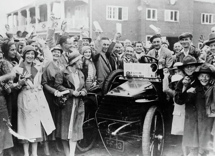 Framed Print : A 1904 Wolseley amidst a crowd of cheering people, Brooklands, Surrey, late 1920s-early 1930s Framed Print : A 1904 Wolseley amidst a crowd of cheering people, Brooklands, Surrey, late 1920s-early 1930s