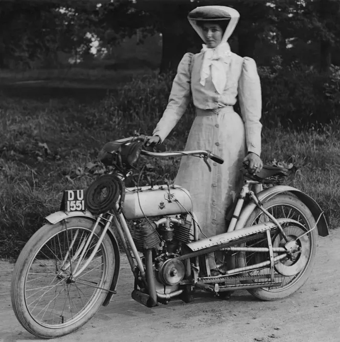 Framed Print : 1906 Rex with motorcyclist Muriel Hind. Creator: Unknown Framed Print : 1906 Rex with motorcyclist Muriel Hind. Creator: Unknown