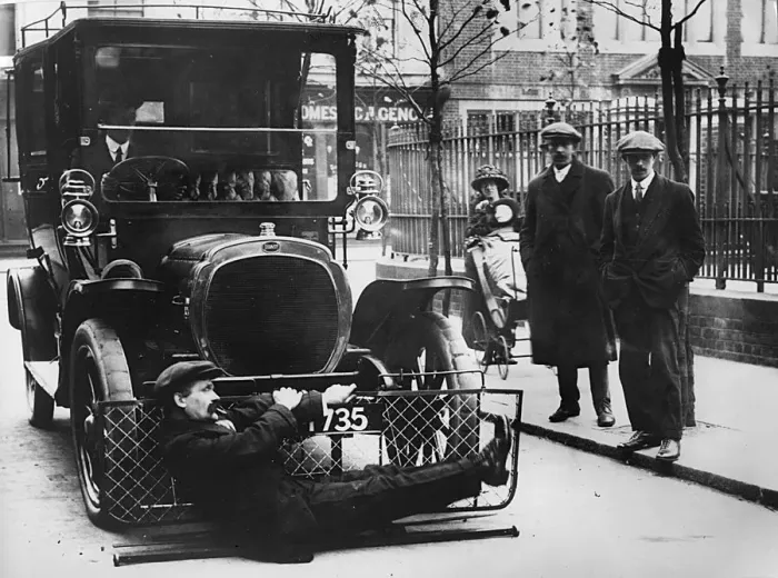Framed Print : 1908 Deasy testing pedestrian road safety device. Creator: Unknown Framed Print : 1908 Deasy testing pedestrian road safety device. Creator: Unknown