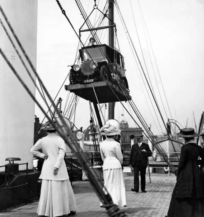 Framed Print : 1910 Mercedes being craned onboard ship. Creator: Unknown Framed Print : 1910 Mercedes being craned onboard ship. Creator: Unknown