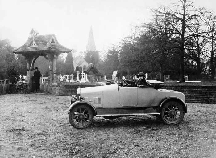 Framed Print : 1922 11.9 hp Calcott outside a church, (c1922?) Framed Print : 1922 11.9 hp Calcott outside a church, (c1922?)