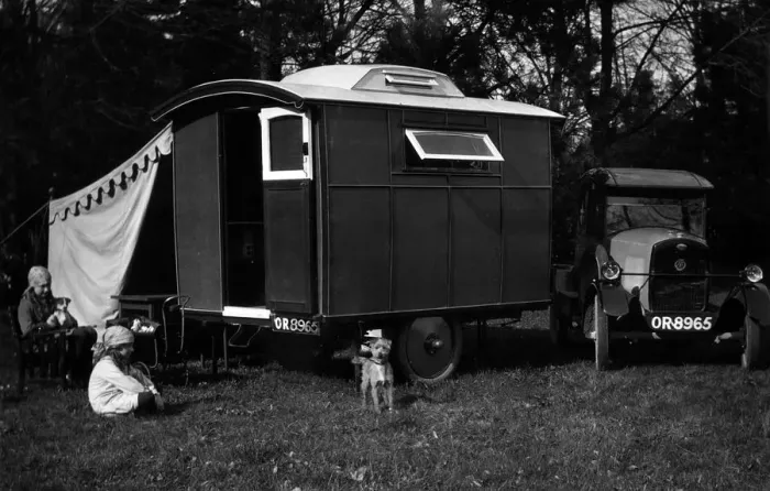 Framed Print : 1924 Trojan with 1927 Lady Nimble caravan. Creator: Unknown Framed Print : 1924 Trojan with 1927 Lady Nimble caravan. Creator: Unknown