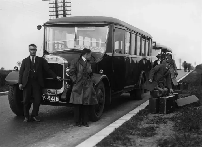 Framed Print : 1928 Thornycroft bus with passengers. Creator: Unknown Framed Print : 1928 Thornycroft bus with passengers. Creator: Unknown