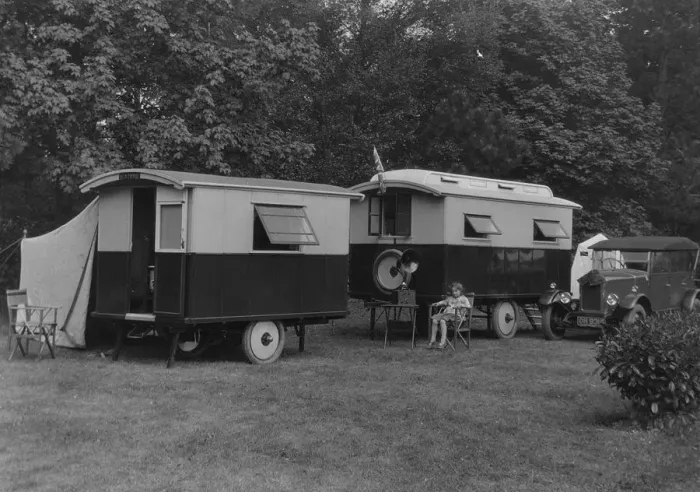 Framed Print : 1930 Trojan with Voyageur caravan. Creator: Unknown Framed Print : 1930 Trojan with Voyageur caravan. Creator: Unknown