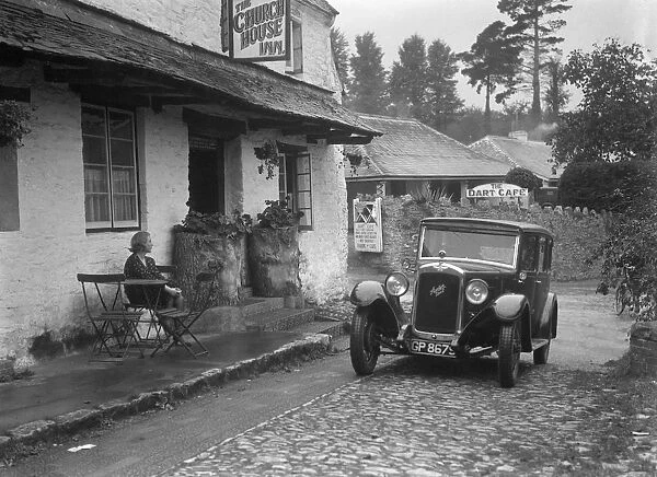 1931 Austin 16  /  6 on a road test, parked outside the Church House Inn, Stoke Gabriel, Devon