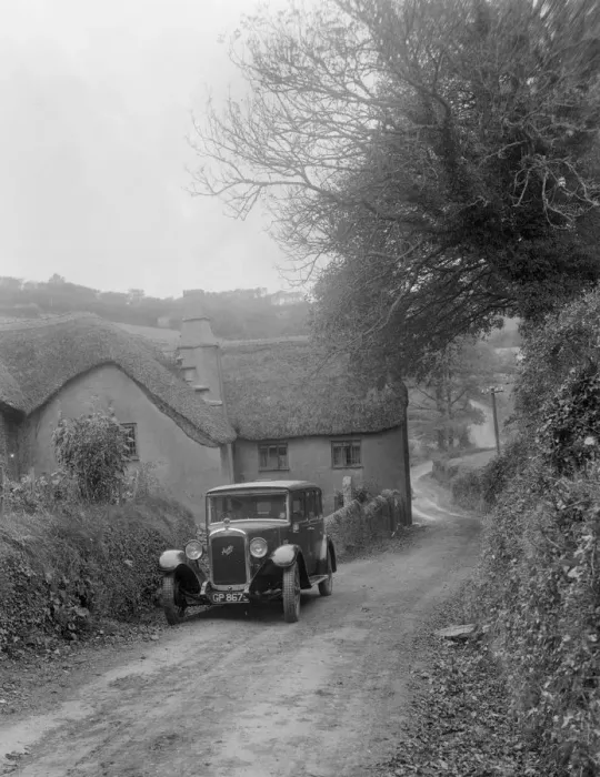 Framed Print : 1931 Austin 16 / 6 on a road test, parked outside Parliament Cottage, Stoke Gabriel, Devon Framed Print : 1931 Austin 16 / 6 on a road test, parked outside Parliament Cottage, Stoke Gabriel, Devon