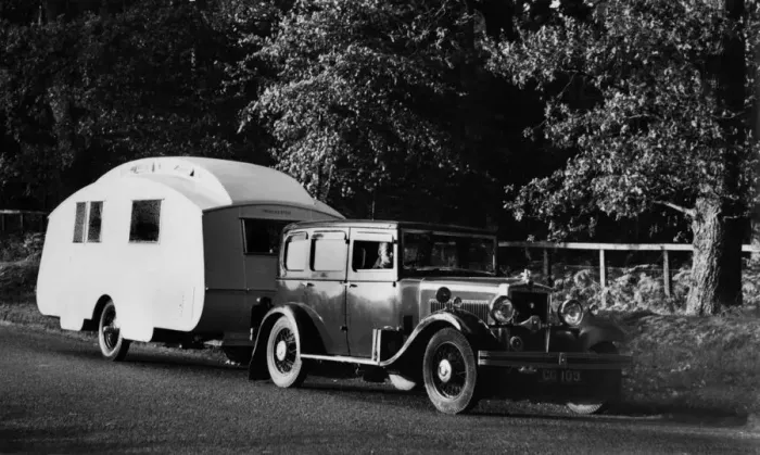 Framed Print : 1931 Morris Isis saloon with Winchester caravan. Creator: Unknown Framed Print : 1931 Morris Isis saloon with Winchester caravan. Creator: Unknown
