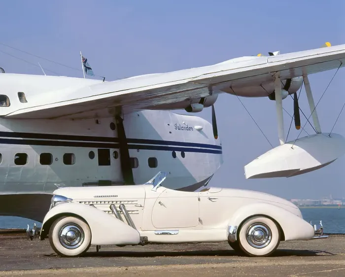 Framed Print : 1935 Auburn 851 speedster with Sunderland flying boat Framed Print : 1935 Auburn 851 speedster with Sunderland flying boat