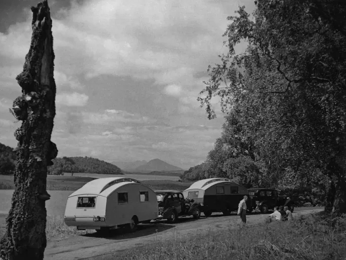 Framed Print : 1936 Austin Twenty with caravan and 1936 Oldsmobile Eight with caravan. Creator: Unknown Framed Print : 1936 Austin Twenty with caravan and 1936 Oldsmobile Eight with caravan. Creator: Unknown