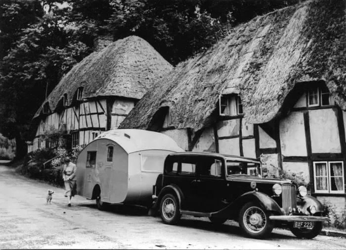 Framed Print : 1936 Austin Twenty with caravan. Creator: Unknown Framed Print : 1936 Austin Twenty with caravan. Creator: Unknown