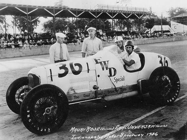 1936 Miller FWD driven by Rose with Mechanic Unversaw at Indianapolis. Creator: Unknown