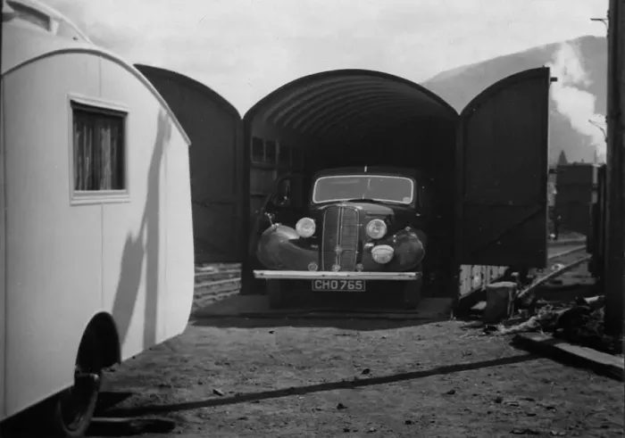 Framed Print : 1937 Hillman 14 in rail transportation carriage van. Creator: Unknown Framed Print : 1937 Hillman 14 in rail transportation carriage van. Creator: Unknown