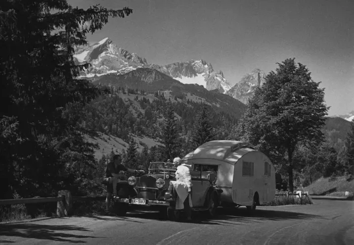 Framed Print : 1937 Mercedes Benz 260D Cabriolet towing caravan. Creator: Unknown Framed Print : 1937 Mercedes Benz 260D Cabriolet towing caravan. Creator: Unknown