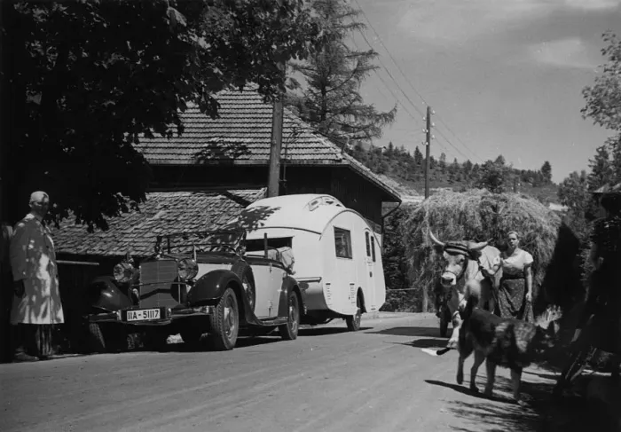 Framed Print : 1937 Mercedes Benz 260D Cabriolet towing caravan. Creator: Unknown Framed Print : 1937 Mercedes Benz 260D Cabriolet towing caravan. Creator: Unknown