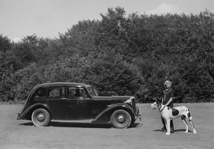 Framed Print : 1938 Daimler DB18 with lady and her pet dog. Creator: Unknown Framed Print : 1938 Daimler DB18 with lady and her pet dog. Creator: Unknown