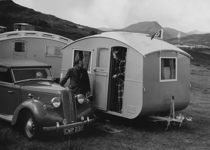 Framed Print : 1939 Ausin Big Seven tourer with caravans. Creator: Unknown Framed Print : 1939 Ausin Big Seven tourer with caravans. Creator: Unknown