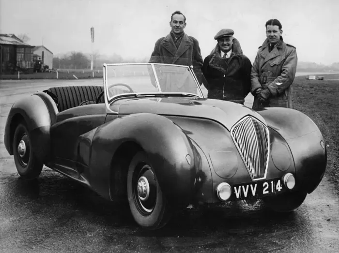 Framed Print : 1946 Healey Westland, Donald Healey in middle. Creator: Unknown Framed Print : 1946 Healey Westland, Donald Healey in middle. Creator: Unknown