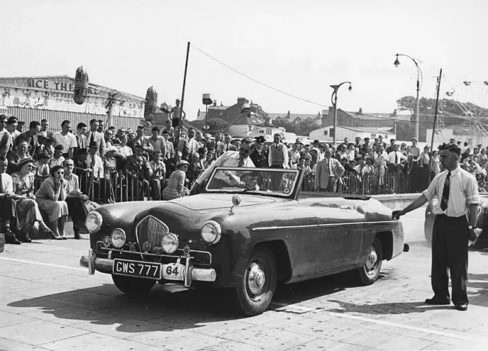 Framed Print : 1949 Healey 2. 4 Sportmobile drophead coupe, Morecambe rally 1952. Creator: Unknown Framed Print : 1949 Healey 2. 4 Sportmobile drophead coupe, Morecambe rally 1952. Creator: Unknown