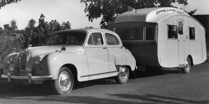 Framed Print : 1951 Austin A70 Hereford with caravan. Creator: Unknown Framed Print : 1951 Austin A70 Hereford with caravan. Creator: Unknown