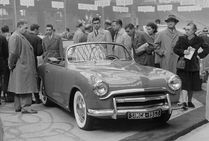 Framed Print : 1953 Simca 8 Sport at motor show. Creator: Unknown Framed Print : 1953 Simca 8 Sport at motor show. Creator: Unknown