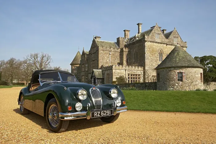 Framed Print : 1954 Jaguar XK140 outside Palace House, Beaulieu Framed Print : 1954 Jaguar XK140 outside Palace House, Beaulieu