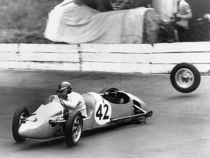 Framed Print : 1954 Kieft 500cc at Crystal Palace, losing a wheel. Creator: Unknown Framed Print : 1954 Kieft 500cc at Crystal Palace, losing a wheel. Creator: Unknown